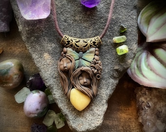 Butterfly Goddess Necklace with Dyed Howlite Gemstone. Handcrafted Clay by TRaewyn Jewelry.