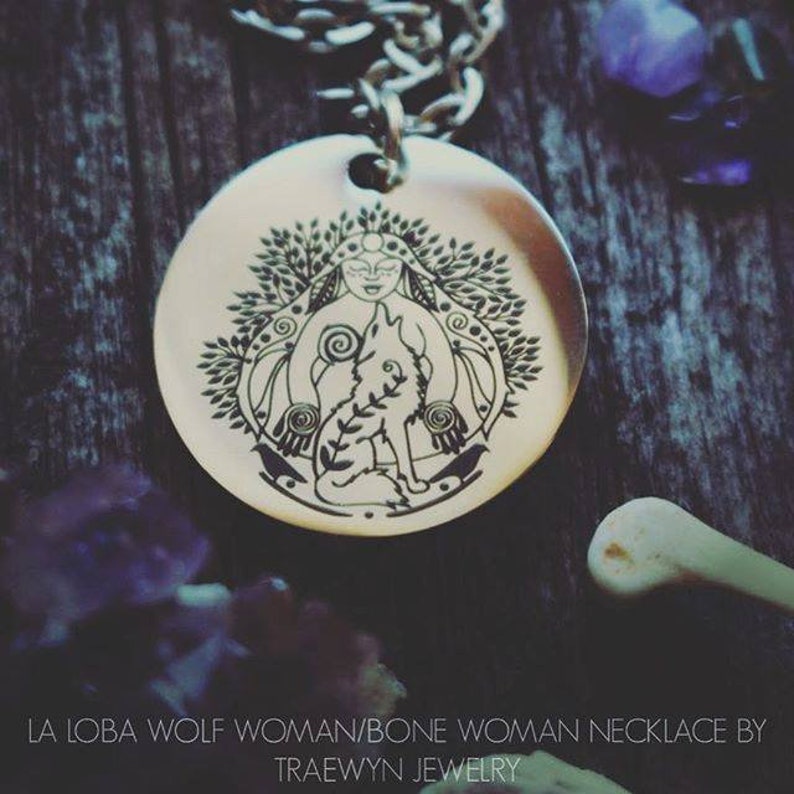 La Loba Wolf Woman Necklace Singing over the Bones Bone Woman Necklace Laser Engraved Stainless Steel Pendant Necklace image 6