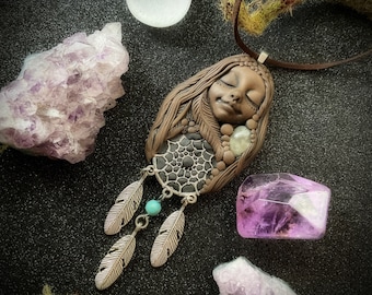 Dream Catcher Goddess  Necklace with Prehnite Gemstone Handcrafted Clay & Gemstone Pendant.