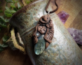 Owl Goddess Necklace. Labradorite Gemstones. Handcrafted Clay by TRaewyn Jewelry.