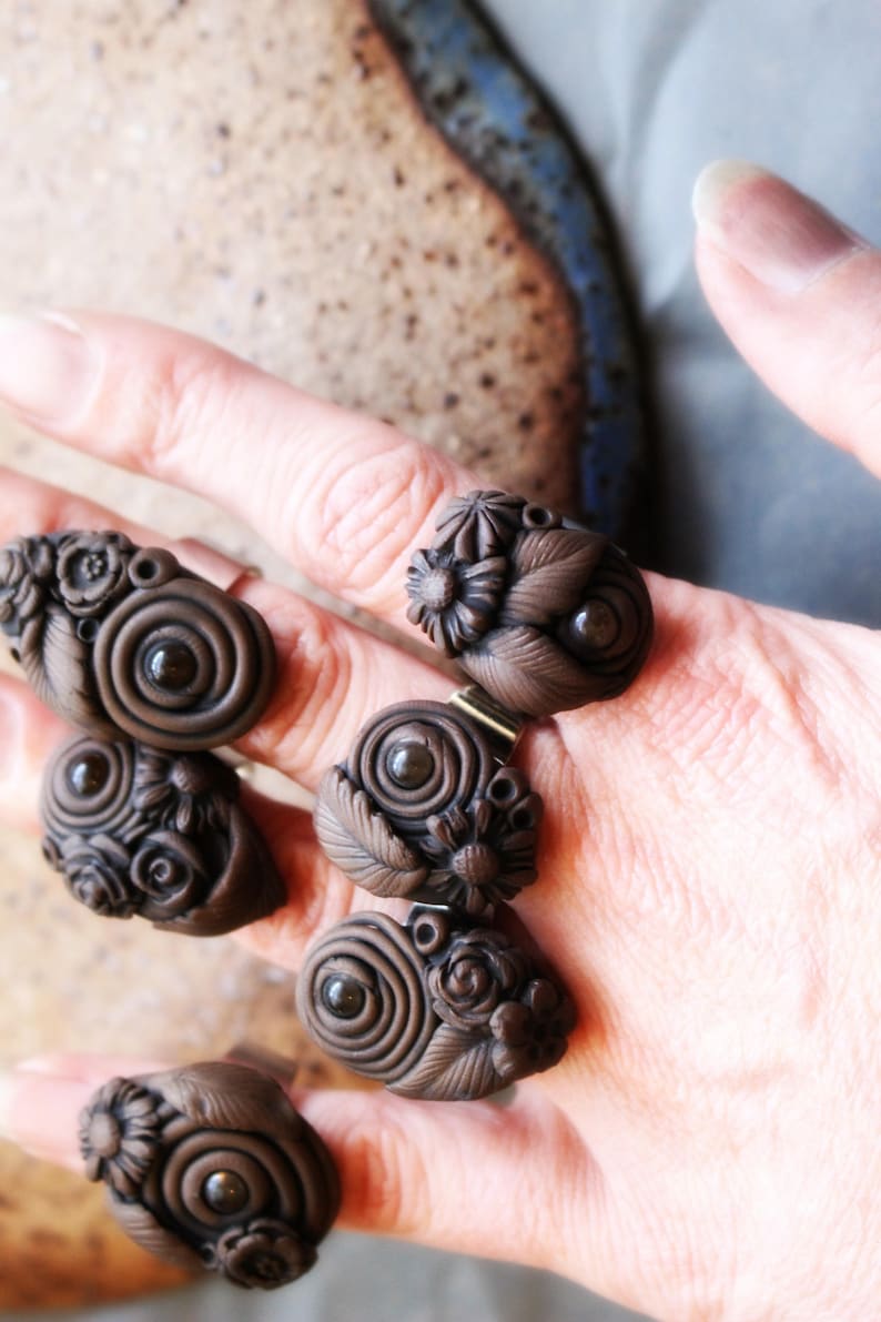 Goddess Fully Adjustable Quartz Handmade Clay Jewelry Crystal and Gemstone Jewelry Floral Flower Ring Clay /& Gemstone Ring