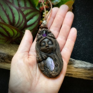 Goddess Necklace with Purple Flash Labradorite and Amethyst Gemstones. Handcrafted Clay by TRaewyn. (Free Shipping)