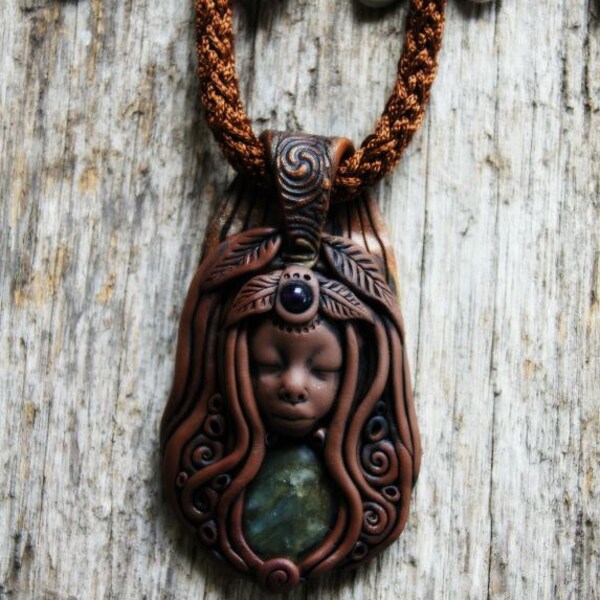 Labradorite Goddess Gemstone Necklace . OOAK . Handcrafted . Hand Sculpted Clay