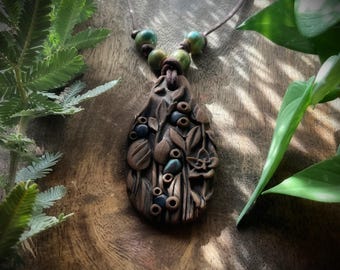 Forest Spirit Necklace, Earth Medicine necklace. Handcrafted Clay & Gemstone Pendant. (Free Shipping)