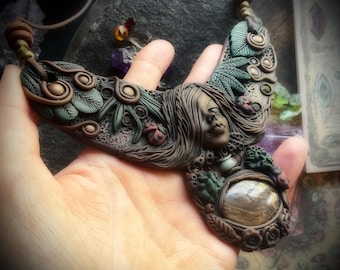 Goddess with Ladybugs Necklace with Tiger Iron Gemstones.