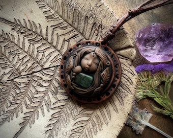 Goddess Talisman Pendant, Turquoise, Timber and Clay, Handcrafted Adjustable Necklace