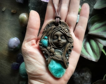 Ocean Goddess Necklace with Prehnite and Turquoise Howlite Turtle  - Handcrafted Goddess Pendant on Vegan Necklace