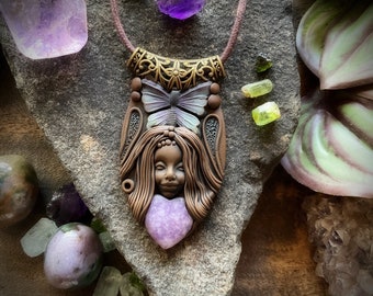 Butterfly Goddess Necklace with Dyed Howlite Gemstone. Handcrafted Clay by TRaewyn Jewelry.