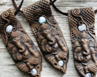 Ganesha Necklace with Moonstone Gemstones. Handcrafted Clay by TRaewyn Jewelry. Ganesh,  Ganapati, Vinayaka, Elephant. Vegan Suede.