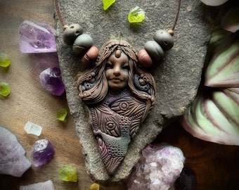 Goddess Necklace with Watermelon Tourmaline Gemstones   - Handcrafted Goddess Pendant on Vegan Necklace (Free Shipping)