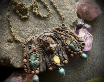 Goddess Necklace with Labradorite Gemstone. Handcrafted Clay and Gemstone Pendant on Vintage Bronze Chain (Free Shipping)