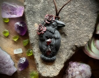 Raven Spirit Animal Necklace with Red Garnet Gemstones. Shamanic Animal Totem Necklace (Free Shipping)