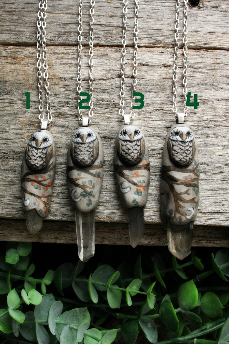 Owl Spirit Animal Necklace with Quartz Point. Handcrafted Clay. Free Shipping image 6