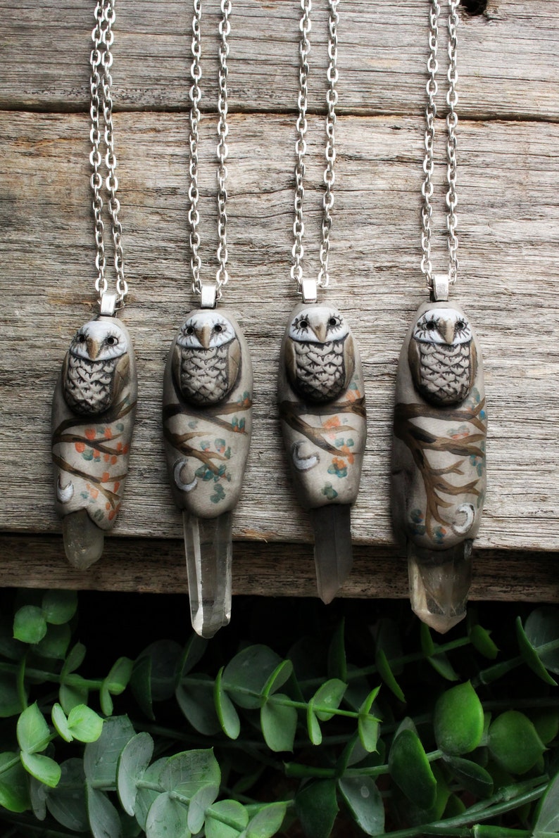 Owl Spirit Animal Necklace with Quartz Point. Handcrafted Clay. Free Shipping image 1