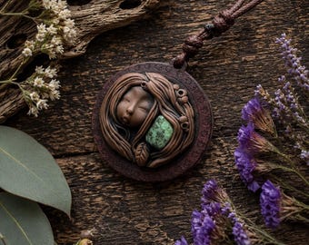 Goddess Talisman Pendant, Turquoise, Timber and Clay, Handcrafted Adjustable Necklace