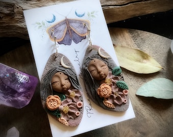 Clay Flower Goddess Earrings. Handcrafted and One of a Kind. Lightweight Clay. Artisan Jewelry. (Free Shipping)