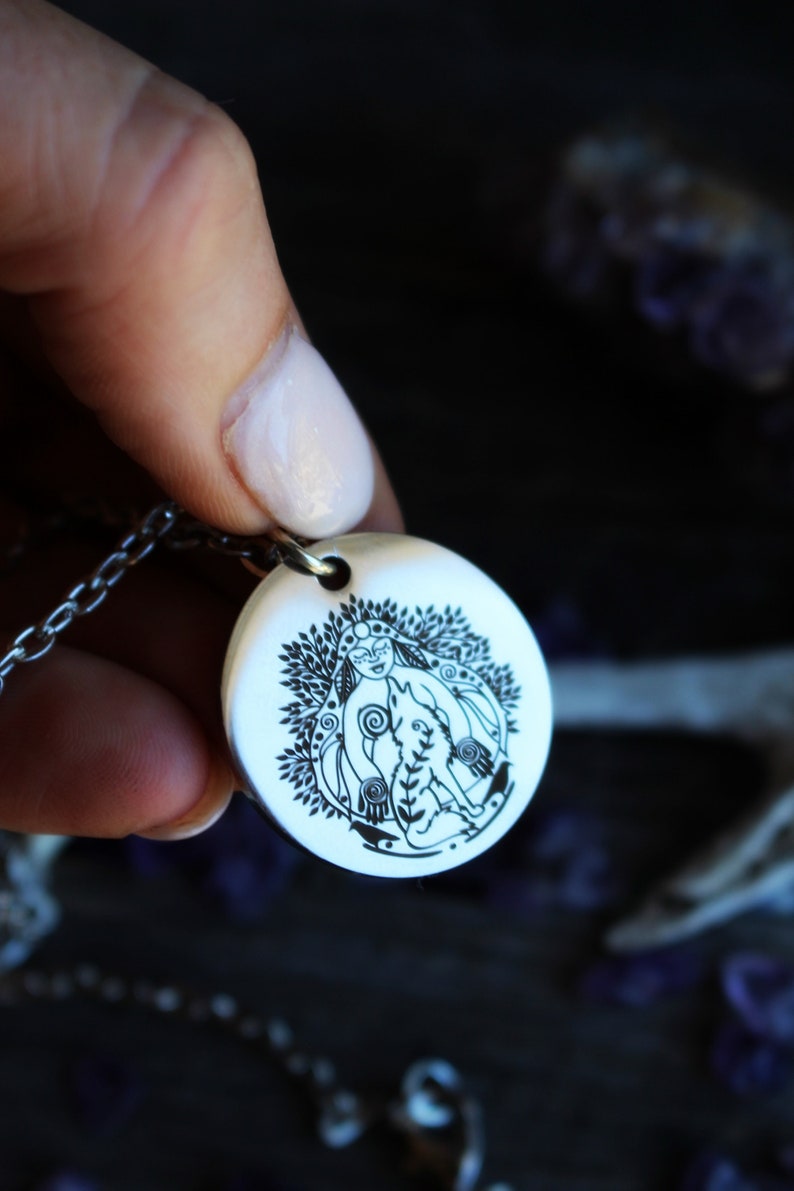 La Loba Wolf Woman Necklace Singing over the Bones Bone Woman Necklace Laser Engraved Stainless Steel Pendant Necklace image 4