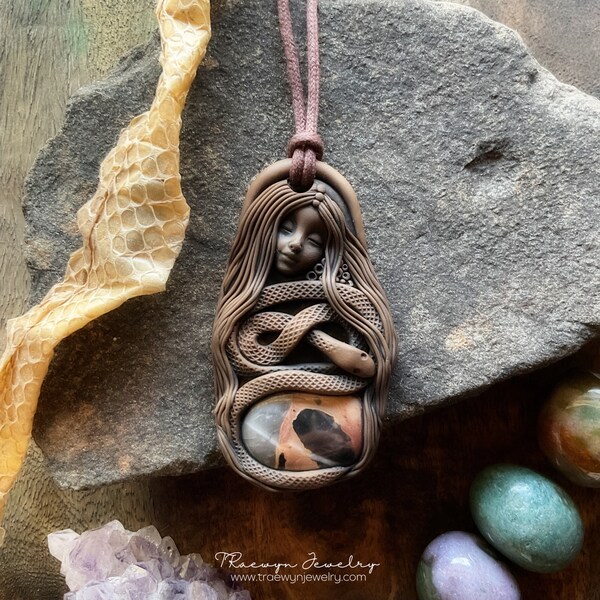 Snake Medicine Necklace with Jasper Gemstone. Handcrafted Clay & Gemstone Pendant. (Free Shipping)