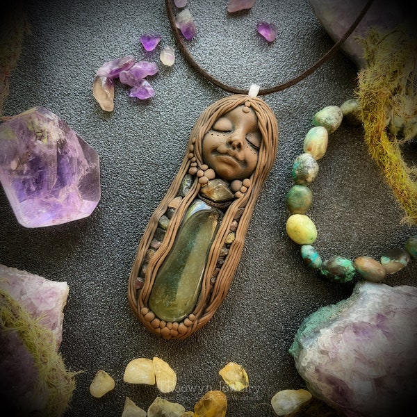 Goddess Necklace with Watermelon Tourmaline Gemstones   - Handcrafted Goddess Pendant on Vegan Suede Necklace (Free Shipping)