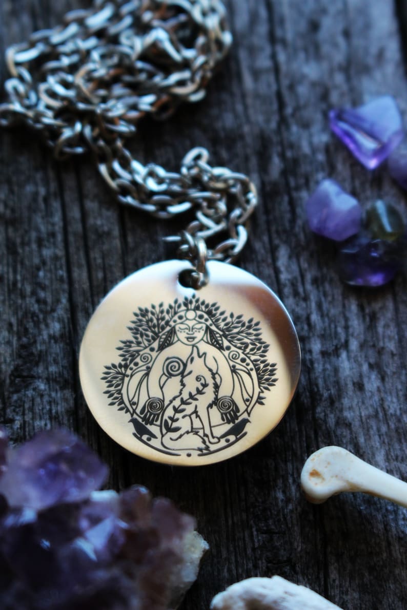 La Loba Wolf Woman Necklace Singing over the Bones Bone Woman Necklace Laser Engraved Stainless Steel Pendant Necklace image 3