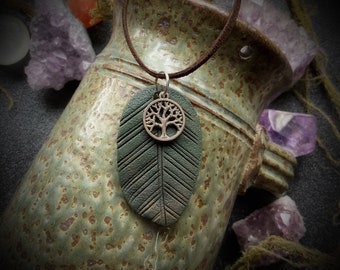 Tree of Life Necklace with One of a Kind Leaf.  Handcrafted Clay. Vegan Suede.