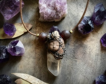 Quartz Crystal Goddess with Amethyst Necklace.