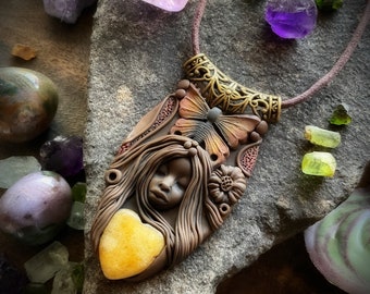 Butterfly Goddess Necklace with Dyed Howlite Gemstone. Handcrafted Clay by TRaewyn Jewelry.