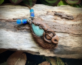 Owl Goddess Necklace. Amazonite Gemstones. Hemp Cotton Cord.