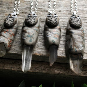 Owl Spirit Animal Necklace with Quartz Point. Handcrafted Clay. Free Shipping image 3