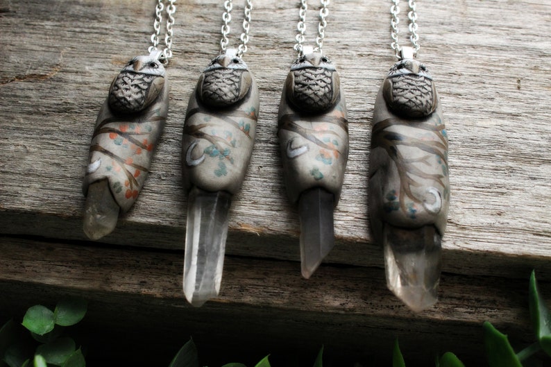 Owl Spirit Animal Necklace with Quartz Point. Handcrafted Clay. Free Shipping image 3