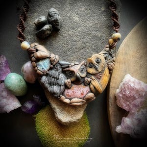 Owl and Raven Spirit Animal Piece with Ocean Jasper and Hand Knotted Macrame Necklace. Shamanic Animal Totem Necklace (Free Shipping)