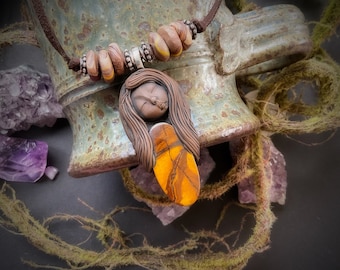 Goddess Necklace with Mookaite Gemstone and Clay Beads. Handcrafted Clay by TRaewyn. (Free Shipping)
