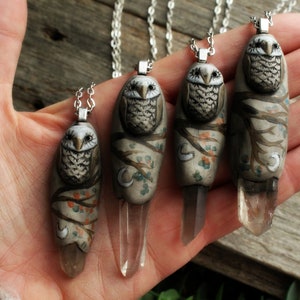 Owl Spirit Animal Necklace with Quartz Point. Handcrafted Clay. Free Shipping image 4