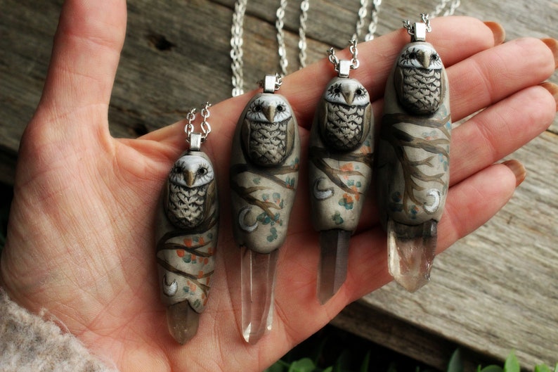 Owl Spirit Animal Necklace with Quartz Point. Handcrafted Clay. Free Shipping image 4