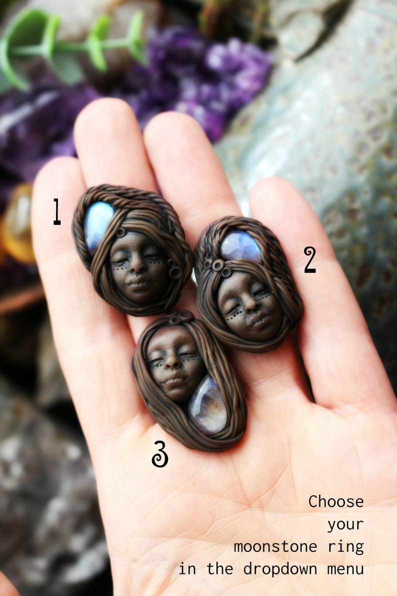 Crystal and Gemstone Jewelry Moonstone Ring Clay Goddess Ring Fully Adjustable Goddess Handmade Clay Jewelry