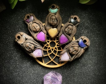 Goddess Necklace with Moon & Heart Gemstone Necklace Handcrafted in Clay (Free Shipping)