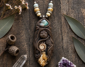 Goddess Pendant with Variscite and Ammonite Fossil and Apophyllite Gemstone