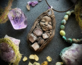 Goddess Necklace with Rose Quartz Gemstones   - Handcrafted Goddess Pendant on Vegan Suede Necklace (Free Shipping)