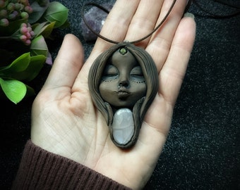 Goddess Necklace with Gemstone. Handcrafted Clay Pendant by TRaewyn Jewelry. (Free Shipping)