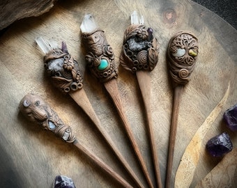 Hair Stick with Crystals. Clay and Timber Hair Pin. (Free Shipping)