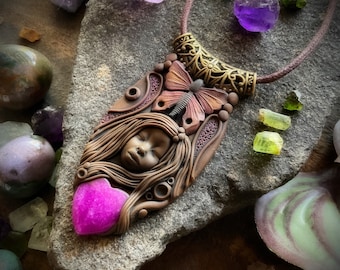 Butterfly Goddess Necklace with Dyed Howlite Gemstone. Handcrafted Clay by TRaewyn Jewelry.