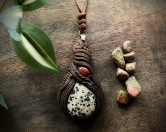Handcrafted Red Jasper and Dalmatian Jasper. Earth Medicine necklace. Handcrafted Clay & Gemstone Pendant. (Free Shipping)