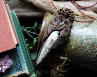 Owl Spirit Animal with Orthoceras Fossil Necklace. Shamanic Animal Totem Necklace (Free Shipping)