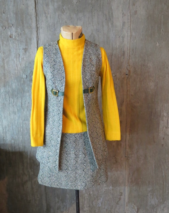 Vintage 1970s Sweater Dress and Vest, Herringbone
