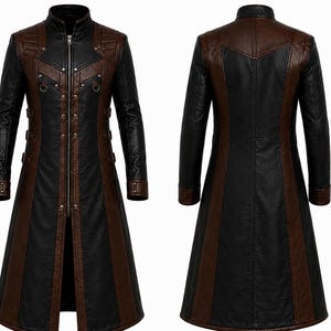 Front and rear views showing the long flared hem, high collar and structured back panels