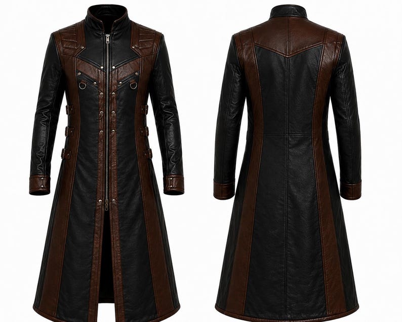 Front and rear views showing the long flared hem, high collar and structured back panels