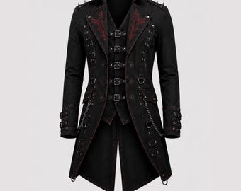 Gothic Punk Long Coat, Black Red Skull Embroidered Cotton Trench with Spikes and Chains