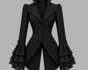 Black Cotton Gothic Jacket, Victorian Lace Trim Bell Sleeves