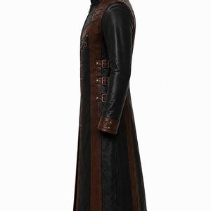 Three-quarter rear view of long coat with side straps and silver-tone buckle hardware