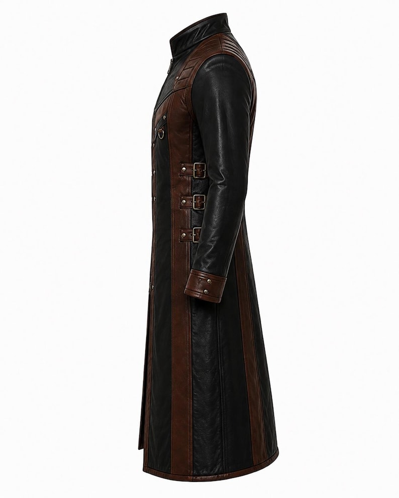 Three-quarter rear view of long coat with side straps and silver-tone buckle hardware